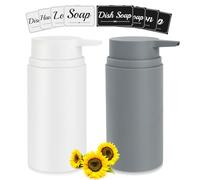 Topsky Juego de 2 dispensadores de jabón de plástico (480 ml), color blanco y gris, rellenables, para jabón de manos, loción y detergente, cocina, baño, ducha, incluye bomba para lavabo y encimera