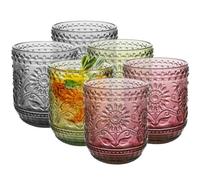 Topsky Juego de vasos de vidrio vintage de 6 onzas en relieve, diseño floral decorativo, vasos de vidrio, copas de vino, vasos de bebidas, vasos de colores para whisky, cerveza, jugo, cóctel,
