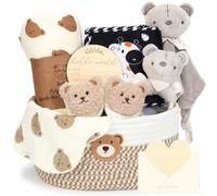 Topsky Regalo para recién nacidos, set de regalo para niños y niñas, libro sensorial, manta para bebé, calcetines envolventes, sonajeros, baberos, tarjetas de hitos, regalo de nacimiento del bebé