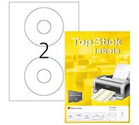 TopStick 8696 Etiquetas para CD A4, paquete de 10 (Ø 117 mm, 1000 hojas, papel mate) autoadhesivas, imprimible, pegatinas para CD/DVD permanentes, 2000 adhesivos blancas