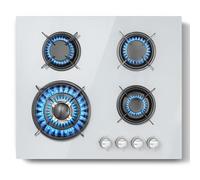 TopStrong - Placa de cocina con 4 fuegos de gas, de cristal, empotrable, color blanco, con protección Flame-Out, gas natural/propano, 8060 W, 220-240 V