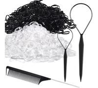 Topsy IKOCO - Juego de 1000 gomas elásticas para el cabello (500 transparente, 500 negro), 2 herramientas de bucle, 1 peine de cola de rata