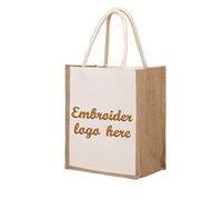 TOPTIE Bolsa de lona personalizada de yute con logotipo bordado, bolsa de regalo de boda, bolsa de playa, beige, Large (15 L x 10.6 H x 6.3 W)