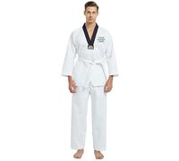 TopTie Uniforme personalizado Kwon Karate Taekwondo Kimono Jiu Jitsu con Cinturón Uniforme Profesional Artes Marciales Blanco/Negro 7.5 oz
