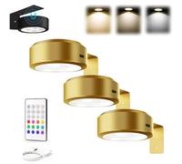 Topveden 3 Pack Picture Lights for Wall, Top Veden No Drill Picture Lights, Remote Control Control Adjustable Brightness Timer, 3 Color Temperatures or 12 RGB Colors for Art Display (3*Glod,3color)