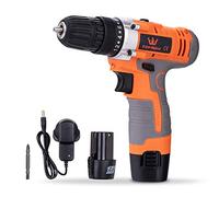 TOPWAY Taladro de Impacto Inalámbrico 12V con 10mm Mandril sin Llave, 2 x 1.5Ah Baterías incluidas, con 2 Velocidades y luz LED, para Madera, Cemento, Hormigón, Techo, Pared de Ladrillo 102001