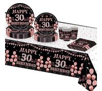 TOPWAYS 30 Años Cumpleaños Platos Desechables Vajilla Set, Oro Negro Rosas Papel Desechables Elegantes Platos Fiesta Tazas Mantel para Decoración 30 Cumpleaños Mujer 16 invitados