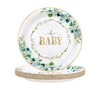 TOPWAYS Eucalyptus Baby Shower Decoracion Platos Desechables, 18cm Papel Platos Desechables Verde Eucalipto Platos para Fiesta Decoración Niño Niña Baby Shower (Platos 7inch 24pcs)