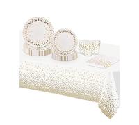 TOPWAYS Juego de vajilla de papel blanco champán dorado para fiestas, mantel desechable, platos de papel, tazas, servilletas para hombres, mujeres, niños, cumpleaños, barbacoa, compromiso, bodas,
