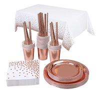 TOPWAYS Platos Desechables Cumpleaños Vajilla Set, Oro Rosa Desechables Elegantes Platos Fiesta Tazas Mantel para Decoración Cumpleaños Niño Hombre Mujer, Bodas Aniversarios Picnic BBQ (16 Invitados)