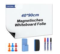 Topzora Pizarra blanca magnética, 40 x 90 cm, lámina magnética autoadhesiva, color blanco con 3 rotuladores para pizarra blanca y esponja e imanes para escuela, oficina, casa