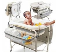 toral Bañera bebe plegable con cambiador y patas regulables - Bañera cambiador bebe plegable con termómetro, ruedas con freno y almacenamiento - Ideal para recién nacidos y bebés hasta 36 meses