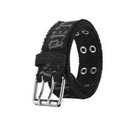 Torehueju Cinturón informal de lona con estampado de letras estilo rock para hombre de 105-125cm con hebilla cruzada plateada