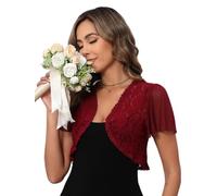 Torera Mujer Encaje Bolero Chaqueta Chaleco Cárdigan Corto Crochet Través Manga Corta de Malla Boda Corta Fiesta Elegante Vino Rojo L