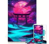 Torii de neón bajo una Luna carmesí para Adultos, Rompecabezas de 1000 Piezas, Juguete Inteligente, Tiempo Libre, Arte de Corte preciso, Coleccionable (38x26cm)