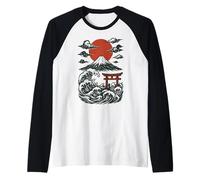 Torii Japan Wave Volcán Sun Mount Fuji Rising Red Camiseta Manga Raglan