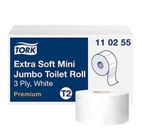 Tork 110255 Rollos de papel higiénico mini Jumbo Premium de 3 capas compatibles con el sistema higiénico minijumbo T2, 12 rollos (12 x 600 hojas)