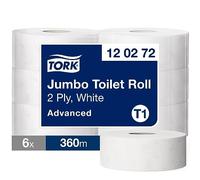 Tork 120272 rollos de papel higiénico Jumbo T1 / Rollos wc de larga duración de 2 capas compatible con el sistema higiénico Jumbo Tork T1, 6 rollos x paquete
