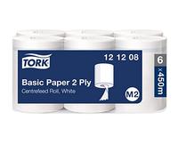 Tork 121208 Papel de secado básico Universal / Paños de papel de alimentación central compatibles con el sistema M2 / 6 x bobinas / 2 capas / Blanco