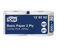 Tork 129262 Papel básico de dos capas/Paños de papel compatibles con los sistemas W1 y W2 / Universal / 2 x bobinas de 340 m/color blanco