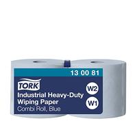 Tork 130081 Papel de secado extra fuerte para la industria/2 paquetes/3 capas/Paños de papel compatibles con el sistema W1 y W2/Premium/2 bobinas x 119 m de largo/azul, 2 x 119 m