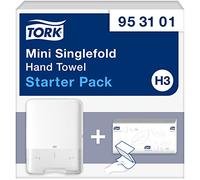 Tork Mini Singlefold Hand Towel Starter Pack 953101,Diseño de imagen-Dispensador de papel H3 Singlefold/C-fold en diseño de elevación+ Recambio de toallas de mano (250 hojas) -Delgado,Higiénico,Blanco