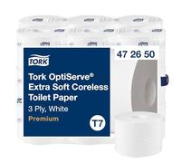Tork OptiServe Papel Higiénico Extrasuave sin Madril Blanco T7, Premium, 3 capas, 18 × 550 hojas, 472650