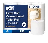 Tork Papel Higiénico Convencional Extrasuave, 4 capas,Blancoo T4, Premium, 6 × 150 hojas, 110406