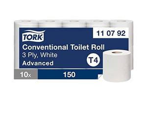 Tork papel higiénico suave de rollo pequeño Blanco T4, Calidad Advanced, 3 capas, 10 rollos x 19,35 m, 110792
