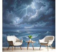 Tormenta Del Océano Oscuro Papel Pintado Impreso En 3D, 400×280 Cm Pared Papel Pintado, Paisaje Fantasía Realista Decoración De Paredes Para Salón Dormitorio Pasillo Comedor, Azul Oscuro