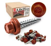 Tornillos autotaladrantes 4,8 x 25 mm Kupferbraun RAL 8004 con arandela, 250 uds, tornillos para panel sandwich, chapas metálicas, tejado de metal y madera, tornillos autorroscantes con junta estanca