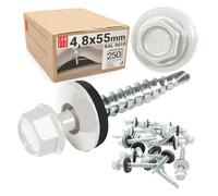 Tornillos autotaladrantes 4,8 x 55 mm Reinweiß RAL 9010 con arandela, 250 uds, tornillos para panel sandwich, chapas metálicas, tejado de metal y madera, tornillos autorroscantes con junta estanca