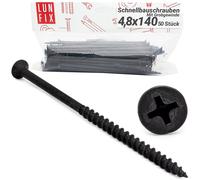 Tornillos negros para pladur 4,8 x 140 mm, 50 piezas, tornillos para paneles de yeso, rosca gruesa, cabeza phillips, punta afilada, autorroscantes para madera, instalación placas yeso, Lun Fix