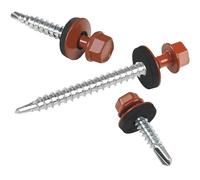 Tornillos para chapas trapezoidales PAROTEC, autorroscantes y autotaladrantes con arandela de sellado EPDM, cabeza hexagonal, 4,8 mm x 25 mm, RAL 8004 Rojo ladrillo, 250 unidades