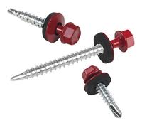 Tornillos para chapas trapezoidales PAROTEC, autorroscantes y autotaladrantes con arandela de sellado EPDM, cabeza hexagonal, 4,8 mm x 25 mm, RAL 3004 Rojo cereza, 250 unidades