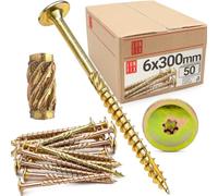 Tornillos para madera 6,0 x 300 mm (50 Uds.), torx TX40, cabeza arandela, tornillo autorroscante, galvanizado amarillo, con aletas fresadoras, fijación terraza, uso construcción, aglomerado, Lun Fix
