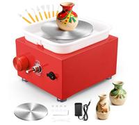 Torno Alfarero,Torno Ceramica 2000 RPM de Velocidad Ajustable,Torno de Alfarero con Placas de 10/6,5 cm,Kit Ceramica para Niños y Adultos（Rojo）