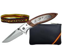 TORO SURVIVAL Navaja Scout Lobo Acero 3Cr13Mov Satinado | Linear Lock con Flipper y Tetón | Mango Madera y Aluminio | Monedero de Piel con Cremallera | Pulsera Tela “Soy Cazador” (Scout Lobos)