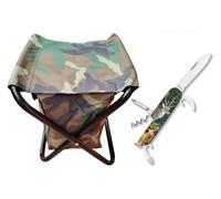 TORO SURVIVAL Pack Camping: Taburete Plegable y Portátil con Diseño de Camuflaje Bolsa + Navaja Multiusos 6 Funciones, Acero 3Cr13, Hoja 6,3 cm. para Camping y Caza (Ciervo)