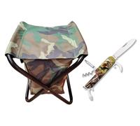 TORO SURVIVAL Pack Camping: Taburete Plegable y Portátil con Diseño de Camuflaje Bolsa + Navaja Multiusos 6 Funciones, Acero 3Cr13, Hoja 6,3 cm. para Camping y Caza (Caza)