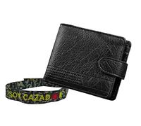 TORO SURVIVAL Pack Cartera Bifold De Piel Sintética con Broche para Cierre Seguro. Medidas de 11 × 9,5 × 2,5 Cm + Pulsera De Tela “Soy Cazador” (Negra)