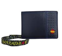 TORO SURVIVAL Pack Cartera De Piel 10 × 7,5 Cm con Doble Billetero 7 Tarjetas Y 2 Ventanas para Carnet O Fotos + Pulsera De Tela Soy Cazador (Azul)
