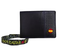 TORO SURVIVAL Pack Cartera De Piel 10 × 7,5 Cm con Doble Billetero 7 Tarjetas Y 2 Ventanas para Carnet O Fotos + Pulsera De Tela Soy Cazador (Negro)