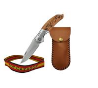 TORO SURVIVAL Pack Navaja Plegable 8,5 cm Acero 3Cr13MoV + Funda de Piel para Cinturón + Pulsera SOY CAZADOR | Cierre Back Lock | Mango de Madera | Caja Regalo (Ciervo)