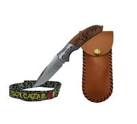 TORO SURVIVAL Pack Navaja Plegable 8,5 cm Acero 3Cr13MoV + Funda de Piel para Cinturón + Pulsera SOY CAZADOR | Cierre Back Lock | Mango de Madera | Caja Regalo (Perro)