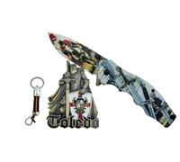 TORO SURVIVAL Pack Navaja Plegable Caballeros Templarios + Llavero Bandera España + Imán Toledo | Colección Souvenir Medieval | Acero 3CR13MOV | Set Regalo (Templario 2)
