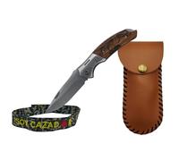 TORO SURVIVAL Pack navaja plegable madera Zebra 8,5 cm Back Lock + funda de piel hecha en España + pulsera Soy Cazador - hoja 3Cr13MoV - caja regalo (Pesca)
