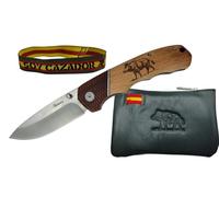 TORO SURVIVAL Pack Regalo Cazador: Navaja Plegable “Jabalí” Hoja 9 cm 3Cr13Mov Linear Lock + Monedero de Piel con Cremallera 10,5 x 7 cm + Pulsera Tela “Soy Cazador” (Cacha Madera Jabalí)