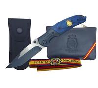 TORO SURVIVAL Pack regalo navaja plegable 3Cr13MoV 8,5 cm con funda de nylon + monedero de piel (color surtido) + pulsera policía nacional | mango madera azul, clip, bloqueo back lock (CNP)