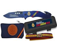 TORO SURVIVAL Pack regalo Policía Nacional: Navaja 8,5 cm 3Cr13MoV con Rompecristales y Cortacinturón + Pulsera de Tela + Monedero 10,5×7 cm con Cremallera | Caja incluida (Con Caja ABS CNP)